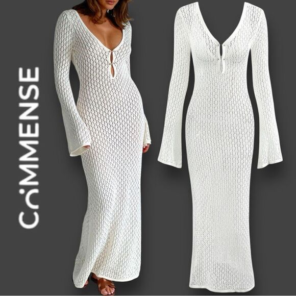 COMMENSE Women’s Long Sleeve Crochet Knit Maxi Dress in the Size Medium in White - Picture 1 of 14